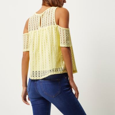 Yellow cold shoulder lace top